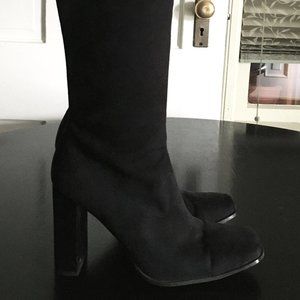 CANDIE'S Black Suede Stretch Tall Zip Stacked Heel